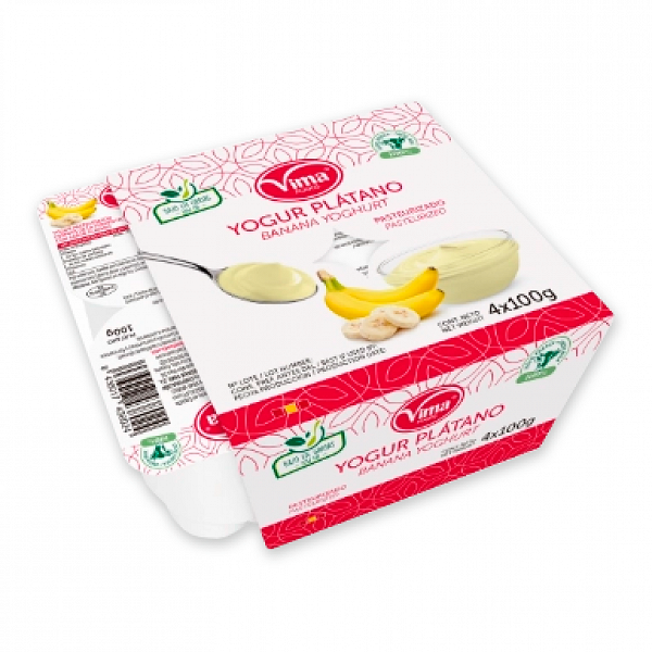 Yogurt Pasteurizado Plátano Vima, Vaso 100 gr, Pack 4 Unidades